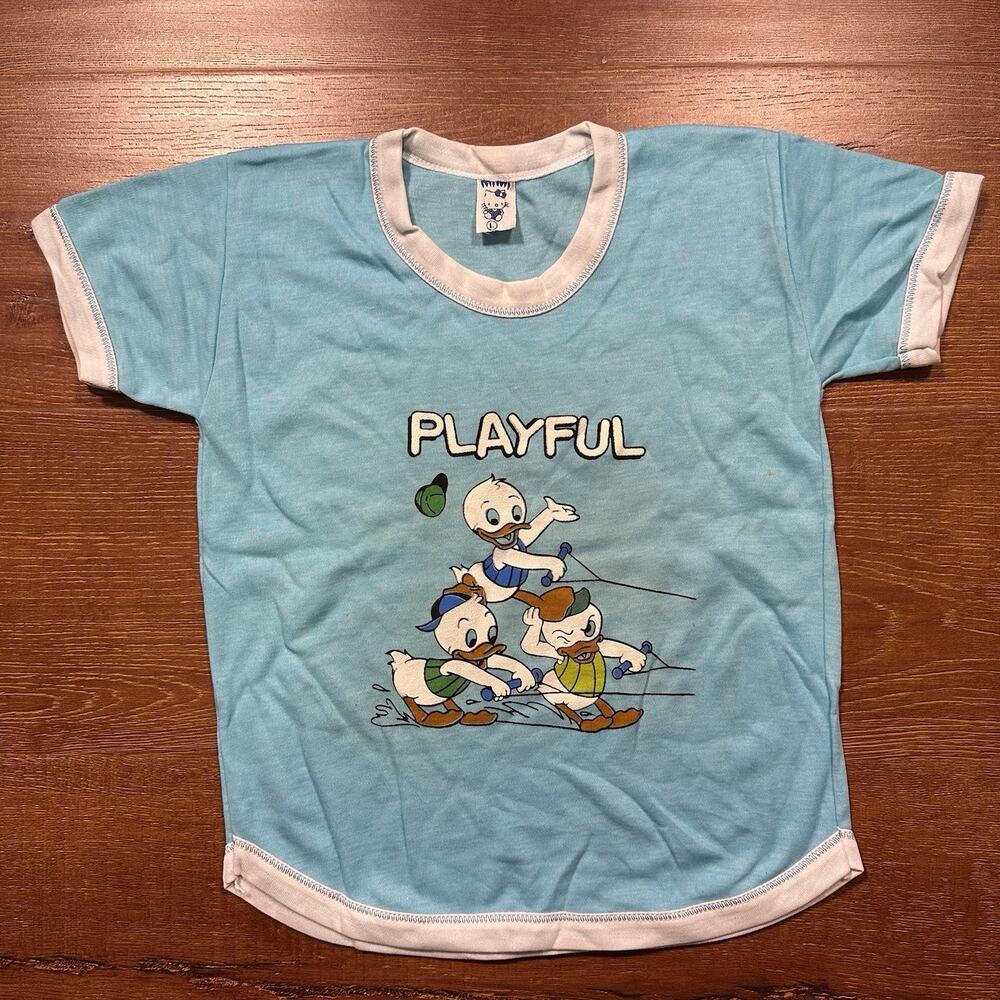 Vintage 60s Ringer T Shirt Youth S Blue Short Sleeve Duck Cartoon Playful VTG